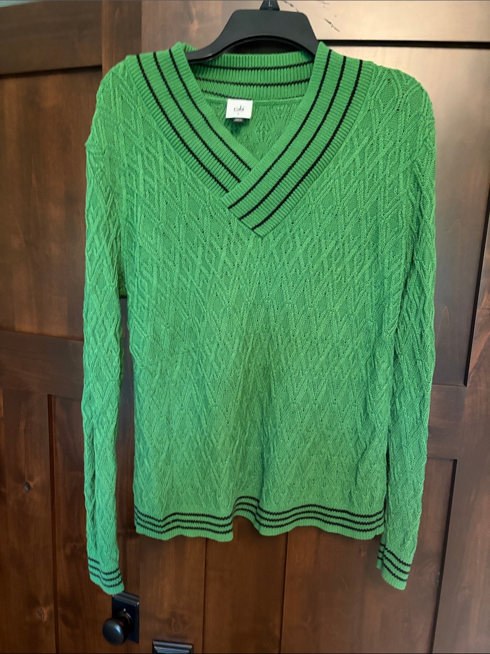 CAbi Bright Green V-Neck Sweater with Black Stripe Trim